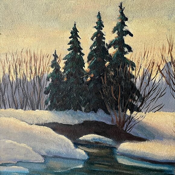 Vintage Original Winter Landscape Oil Painting Snowy Stream Trees Signed Framed - Picture 2 of 7